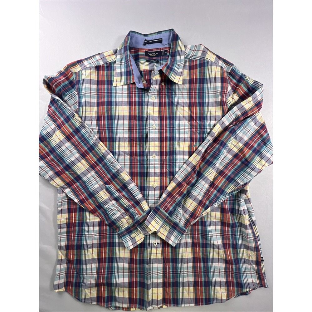Nautica Shirt Men's Blue Red Plaid Button Down Long Sleeve Preppy Size XL Cotton